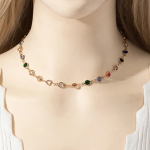 Fashion double layer Y-shaped necklace with colorful round gemstones on gold chain