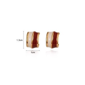 Retro C-shape gold earrings with red and white striped enamel, 1.3cm height