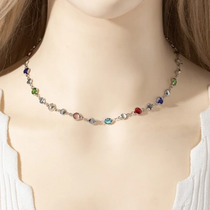 Fashion long Y-necklace featuring multi-colored round glass gemstones on a silver chain