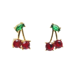 Elegante Kirsch-Ohrstecker aus rotem Zirkonia mit grünem Blatt und goldener Fassung