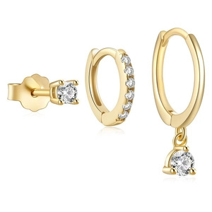 Driedelige goud vergulde zirkonia oorbellen set met klauwzetting en hoepel details