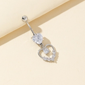 Piercing de ombligo en plata S925 con colgante de doble corazón y circonitas brillantes