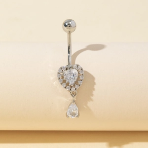 Silver-toned heart belly ring with cubic zirconia and pear-shaped drop pendant