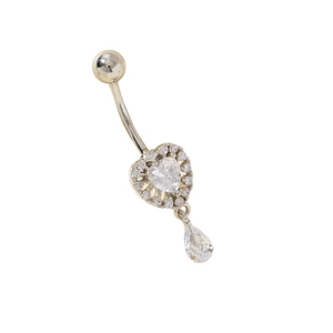 Silver-toned heart belly button ring with clear zircon crystals and teardrop pendant