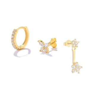 S925 silver butterfly and star zircon earring set with gold plating for women