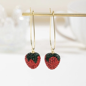 Sweet Rhinestone Red Strawberry Earring Necklace Set For Women Gold Metal Fruit Stud Hook Earrings Pendant Necklace Korean Style Jewelry