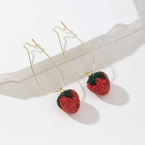 Sparkling strawberry drop earrings with red and green rhinestones in golden setting