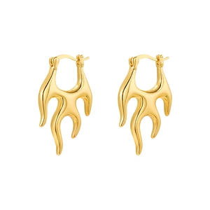Gold-plated hollow flame earrings with fluid metallic curves and secure snap closure