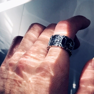 Vintage cross ring for men featuring retro punk style with antique silver finish detail
