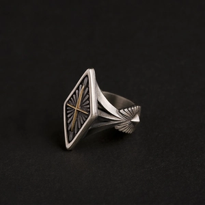 Vintage gothic diamond cross ring in oxidised silver with gold star accent for men