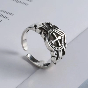 Vintage gothic silver open ring with cross design and engraved shield patterns