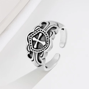 Retro punk devil eye cross ring in vintage silver with adjustable open band for men