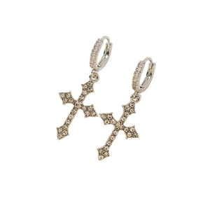 Silver hoop earrings with micro-paved zircon cross pendants for hip hop streetwear