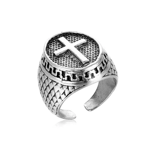 Anello uomo retrò con motivo a croce e fascia aperta regolabile in metallo argento
