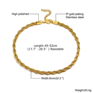 Macro detail of 8mm gold twisted chain necklace showing adjustable clasp and dimensions