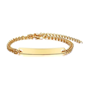 Polished gold stainless steel chain bracelet with a blank ID plate and lobster clasp