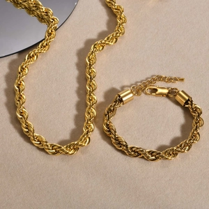 18K gold plated stainless steel 8mm rope chain necklace and bracelet jewelry set