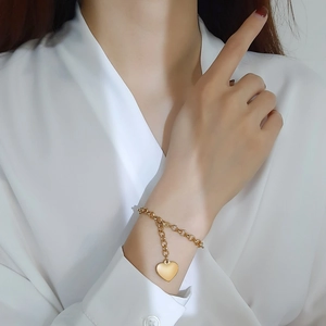 Bracelet Ajustable en Acier Inoxydable avec Pendentif Cœur pour Femme Chaîne Rolo Polie Or Argent Bijoux de Mode Cadeau