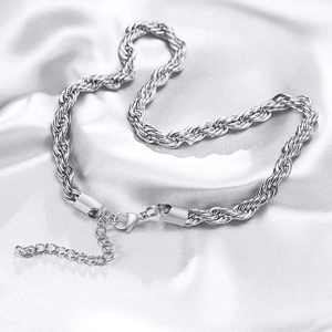 Close-up of 8mm silver twist rope chain with secure lobster clasp and extension link