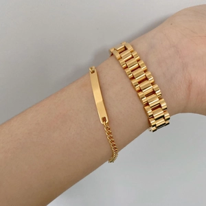 Gold-plated stainless steel chain bracelet set featuring a sleek rectangular ID bar