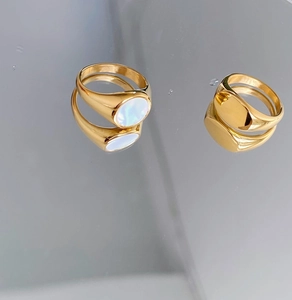 Detailed mirror view of minimalist gold signet ring set with white shell inlay