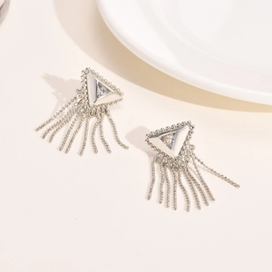 Silver-toned triangle earrings with clear zircon stones and long beaded chain tassels