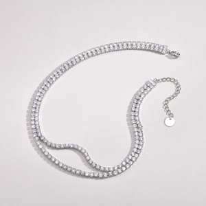 Elegant double-layered silver tennis necklace with 3mm cubic zirconia in a wave layout