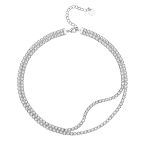 Double-layered 3mm zircon choker necklace with silver-tone plating and wavy rhinestone chain
