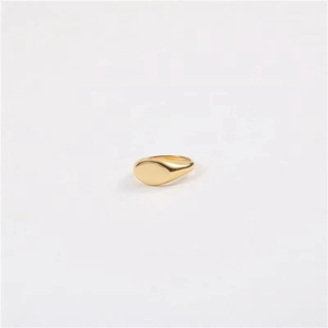Close-up of a minimalist golden signet ring with a smooth oval-shaped polished surface