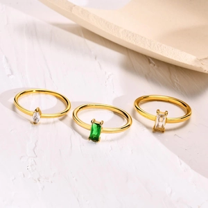 Minimalist Stainless Steel Zirconia Ring For Women Gold Plated Rectangle Marquise Emerald Green Stone Thin Band Jewelry