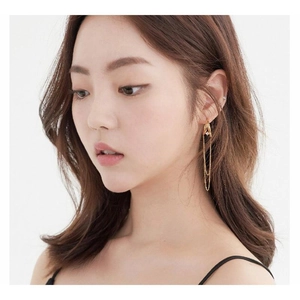 Close-up of golden long tassel earrings with thin chains on model in minimalist style