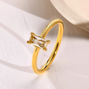 Minimalist 18K gold plated ring featuring a rectangle emerald-cut white zircon crystal