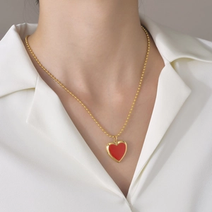 Vintage Roestvrij Stalen Hart Medaillon Halsketting Voor Vrouwen Rood Emaille Goud Bolletjesketting Foto Hanger Gedenkteken Sieraden
