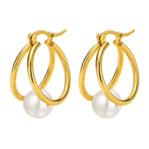 Elegant gold titanium steel double hoop earrings with round white pearls for women