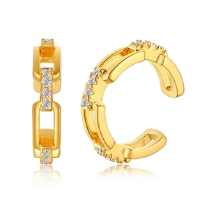 Golden chunky chain ear cuff with white zircon accents in a C-shaped minimalist design