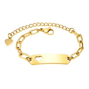 Goldenes Edelstahl-Armband mit Büroklammer-Kette und Herz-ID-Platte zum Gravieren