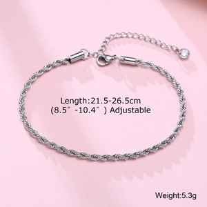 Tobillera trenzada plateada ajustable de 3mm para mujer con dije de cristal y cierre de mosquetón