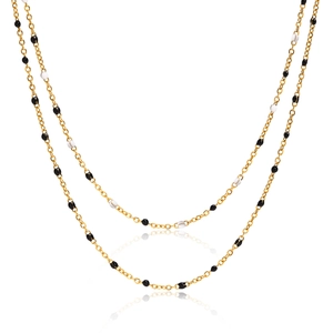 Double-layered gold chain necklace with black and white enamel beads for women fashion