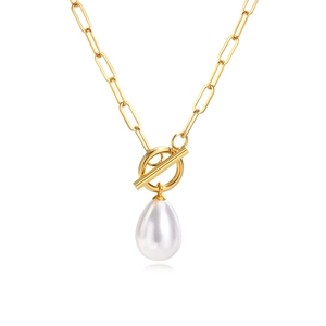 Collier en acier doré avec pendentif perle d'eau et fermoir en T moderne design