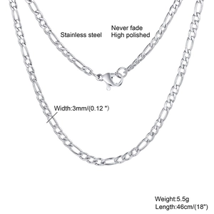3mm wide silver Figaro chain necklace in polished stainless steel with size measurements