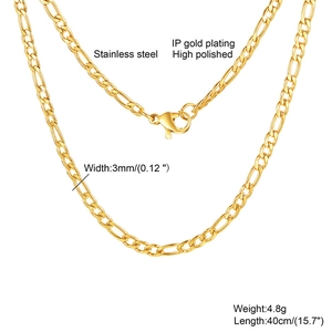 Detailed view of 3mm gold-plated stainless steel Figaro chain with high polish finish