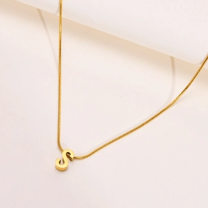 Nahaufnahme der goldenen Buchstabe S Halskette mit feiner Schlangenkette für Damen