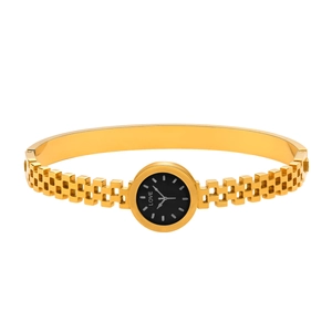 Elegant gold bangle watch with black dial and LOVE engraving for women jewelry
