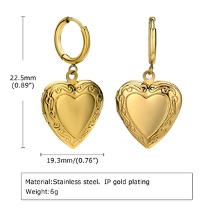 Detailed size view of vintage heart locket earrings in IP gold plated stainless steel