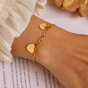 Minimalist Stainless Steel Heart Pendant Bracelet For Women IP Gold Plated Double Layer Spliced Chain Fashion Jewelry Gift