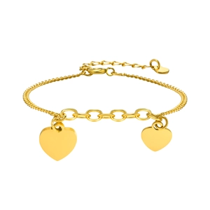 Golden titanium steel heart charm bracelet with textured chain links on white background