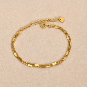 Dubbellaagse 18K vergulde roestvrijstalen kettingarmband met platte getextureerde schakels