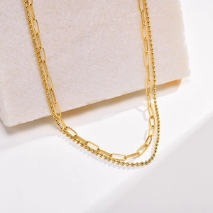Collier Double Couche en Acier Inoxydable Trombone et Chaîne à Billes pour Femmes Plqué Or Bijoux de Mode Minimalistes Collier