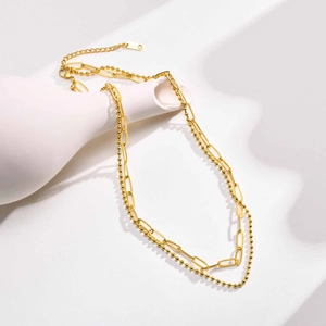 Collier double rang en acier inoxydable plaqué or 18K avec chaînes à billes et trombones