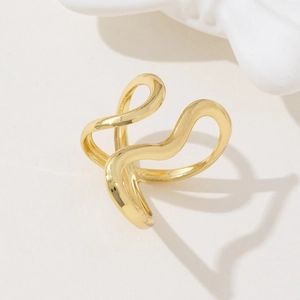 Polished gold wave curve minimalist open ring with overlapping irregular line design